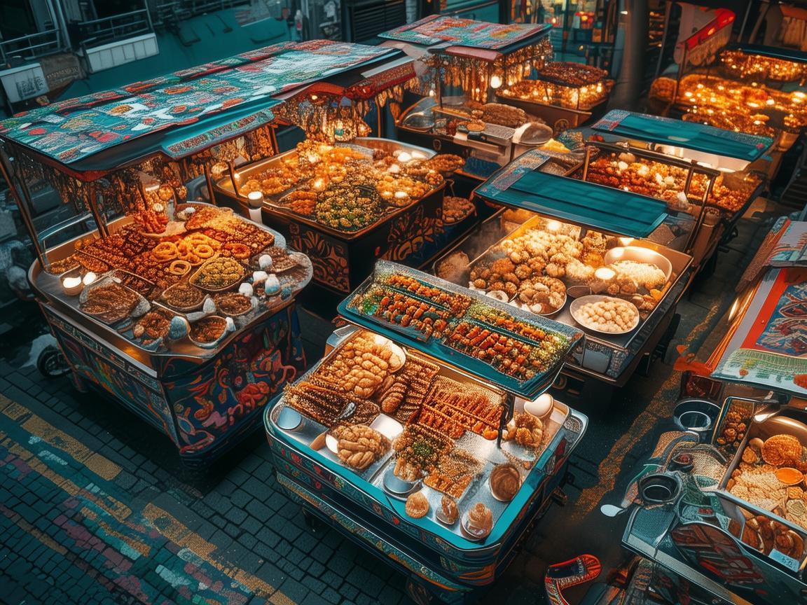 无人机视角下的美食街小吃车盛宴