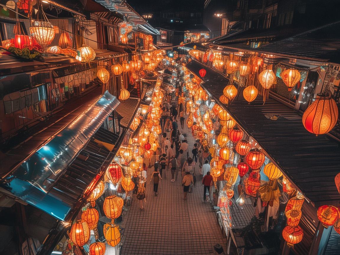 无人机视角下的夜市街灯笼璀璨